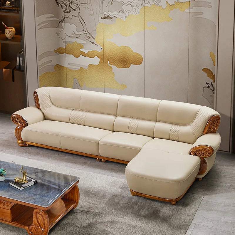 Ebony leather sofa, living room solid wood princess corner sofa, modern furniture