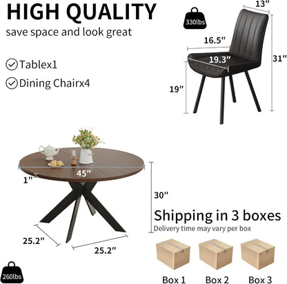 Mid-Century Modern Round Dining Table Set for 4, Walnut Wood Table & Black Chairs, Small Space Furniture