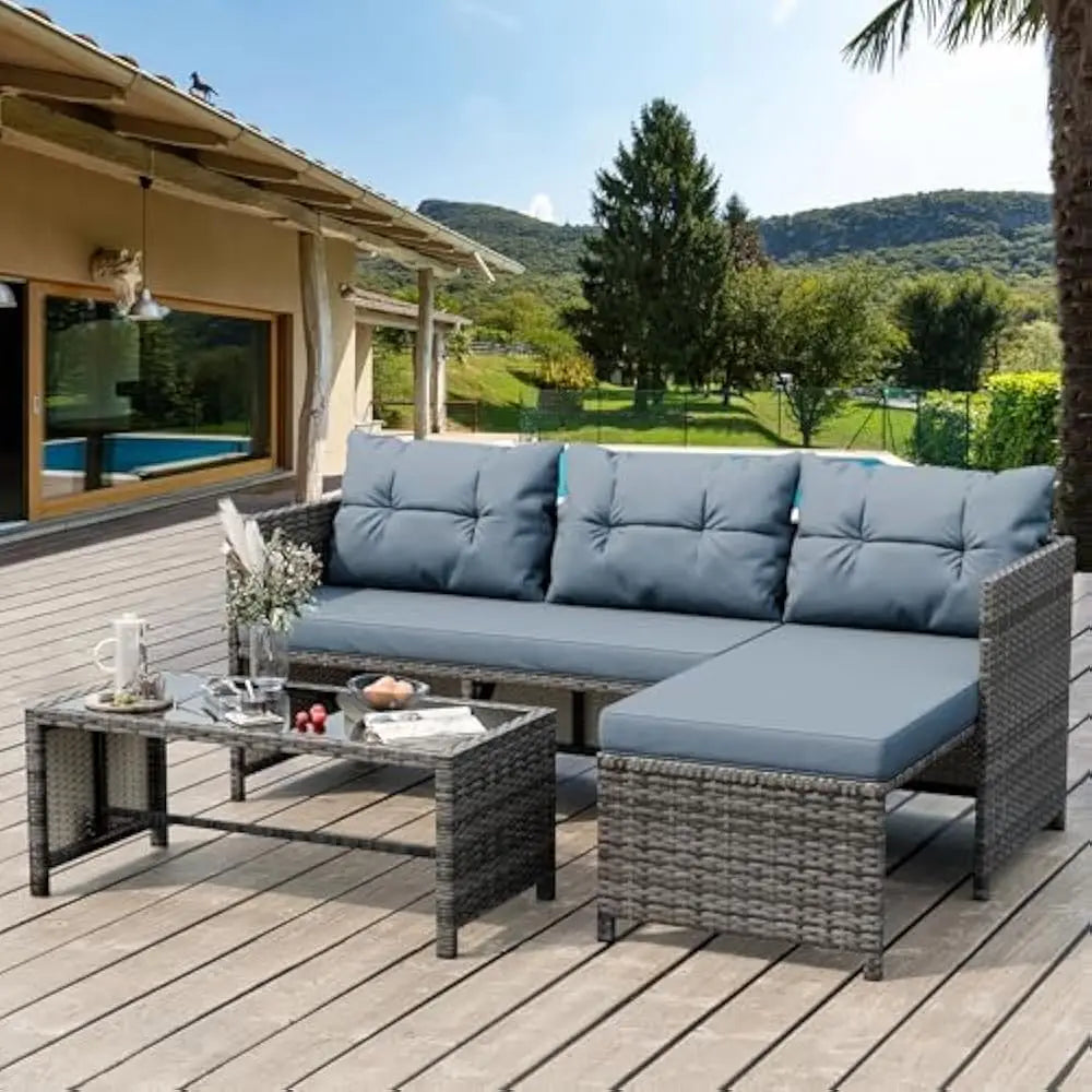 3-Piece Outdoor Patio Furniture Set, Wicker Patio sectional Sets, Rattan Patio Seating Sofas w/Glass Coffee Table and Cushion
