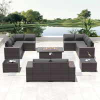 "13-piece propane fire pit patio furniture set with sectional sofa and conversation area"
