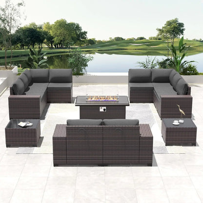 "13-piece propane fire pit patio furniture set with sectional sofa and conversation area"