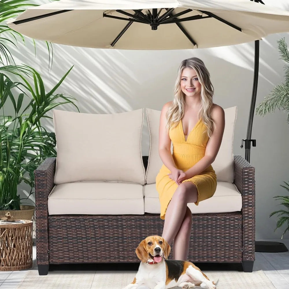 EortheX Outdoor Patio Loveseat,All-Weather Wicker Loveseat with Cushions – Rattan Outdoor 2 Person Sofa Furniture for Garden, Ba