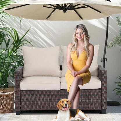 EortheX Outdoor Patio Loveseat,All-Weather Wicker Loveseat with Cushions – Rattan Outdoor 2 Person Sofa Furniture for Garden, Ba