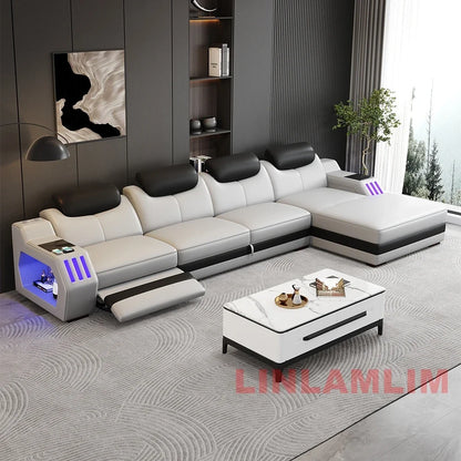Modern L-Shaped Sectional Sofa Bed with Adjustable Headrests & LED Lights, Genuine Leather Recliner Couch with Storage & USB