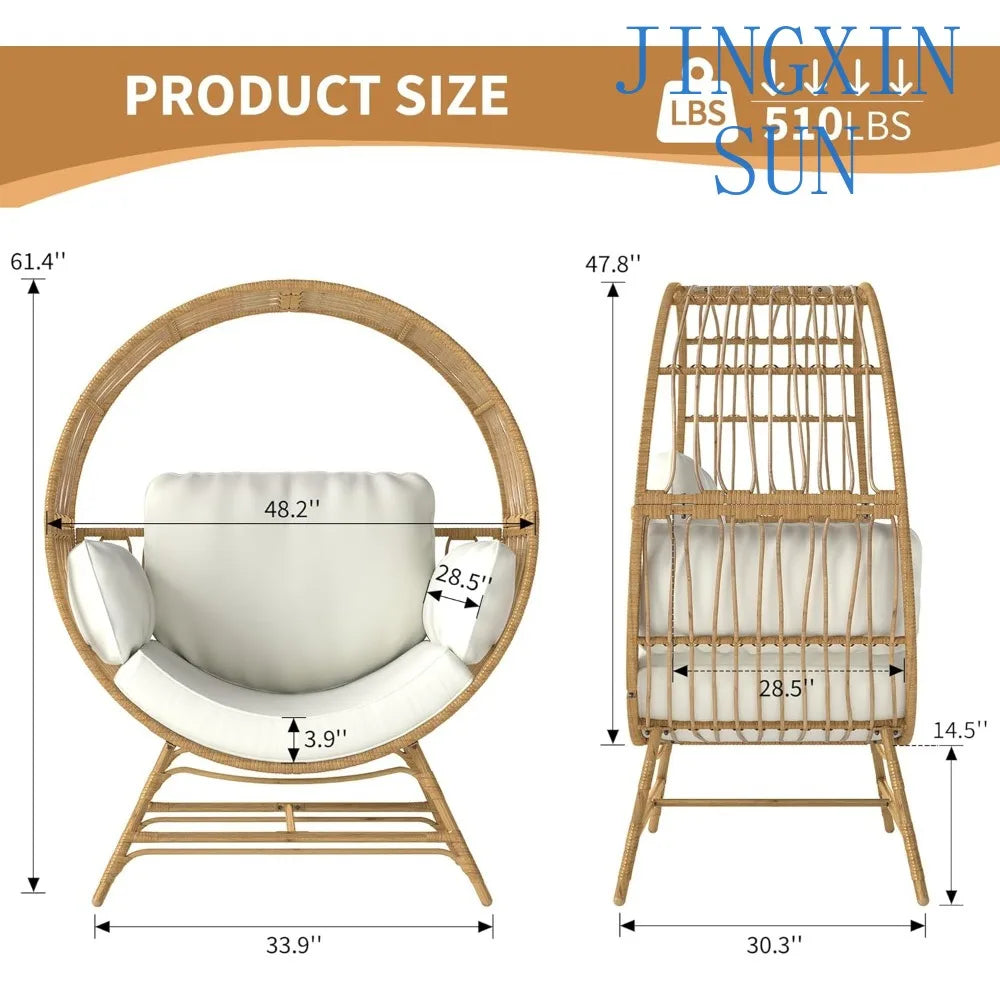 Egg Chair Outdoor Indoor, Oversized Rattan Chair with Thicken Cushion, 510LBS Capacity Wicker Patio Lounge Chair, Basket Chair f