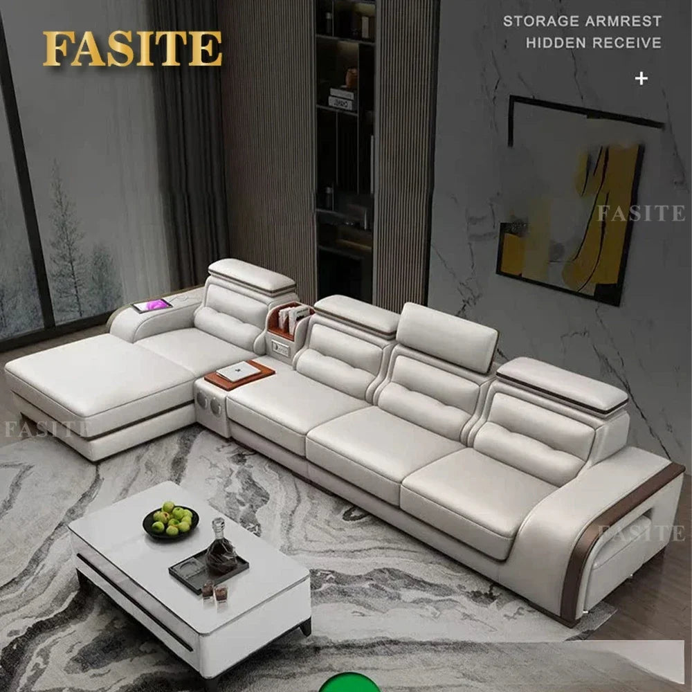 Genuine Leather Sofa With Bluetooth Speaker,USB And Adjustable Headrests - Nordic Italian Couch For Living Room Economically