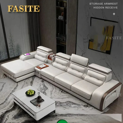 Genuine Leather Sofa With Bluetooth Speaker,USB And Adjustable Headrests - Nordic Italian Couch For Living Room Economically