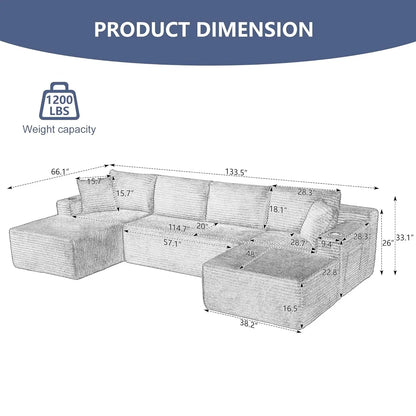 133.5" Black Corduroy Boneless Sectional Couches for Living Room, Oversized Plush U Shaped Cloud Couch Modular Sectional Sofa wi