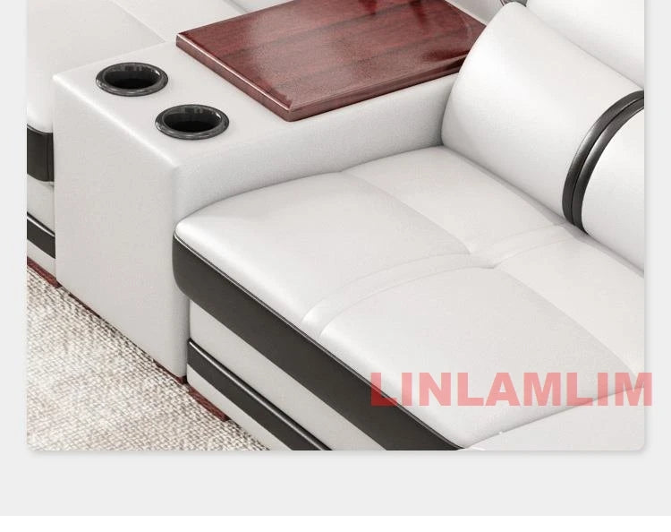 Modern U-Shaped Sectional Sofa with Chaise, White Genuine Leather Couch with Cup Holders, USB – Large Living Room Furniture Set