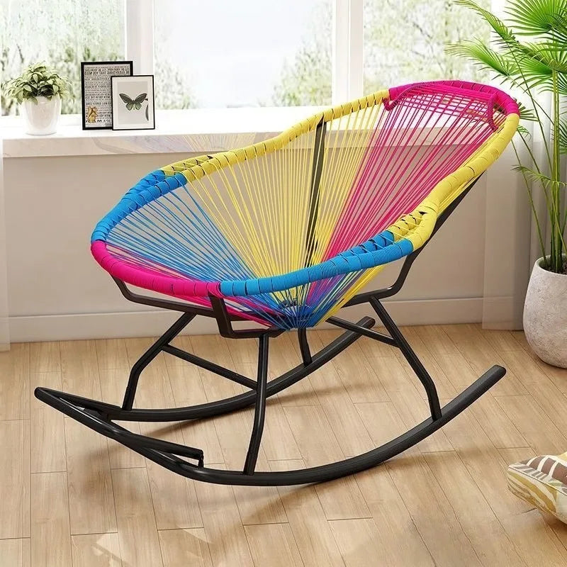 Outdoor Courtyard Rainbow Rattan Rocking Chair, Thickened Leisure Nap Recliner for Balcony