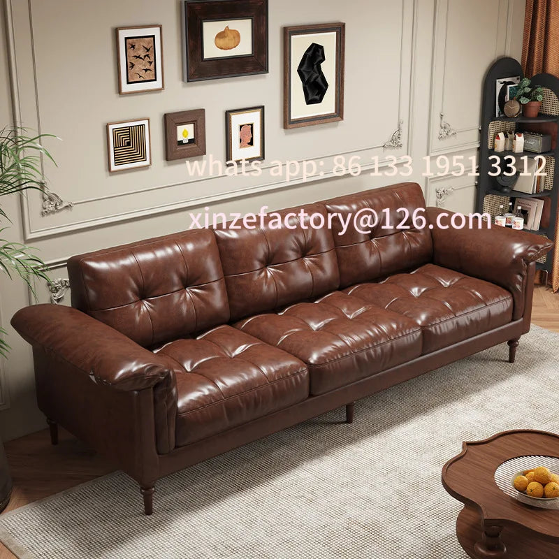 Customizable American sofa Italian retro oil wax leather straight row steel frame down medium ancient Nanyang style first layer