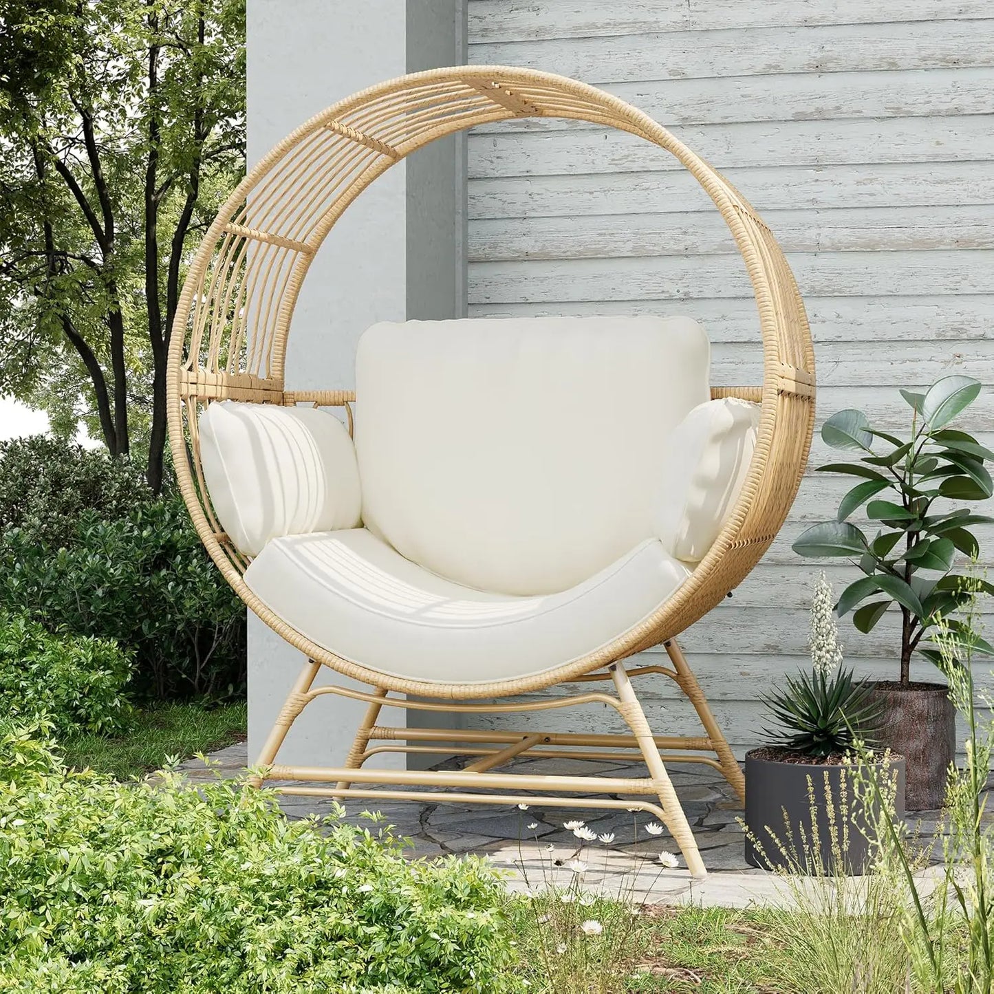 Egg Chair Outdoor Indoor, Oversized Rattan Chair with Thicken Cushion, 510LBS Capacity Wicker Patio Lounge Chair