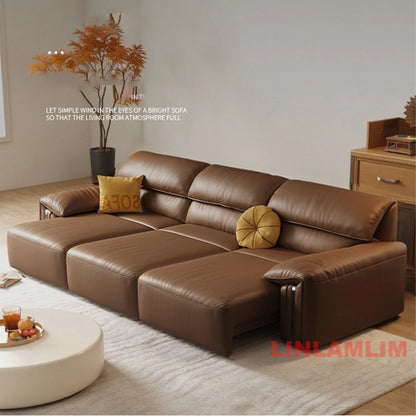 Modern Convertible Genuine Leather Sofa Bed – Multi-functional Electric Sleeper Couch with Adjustable Seats & Wide Chaise Lounge