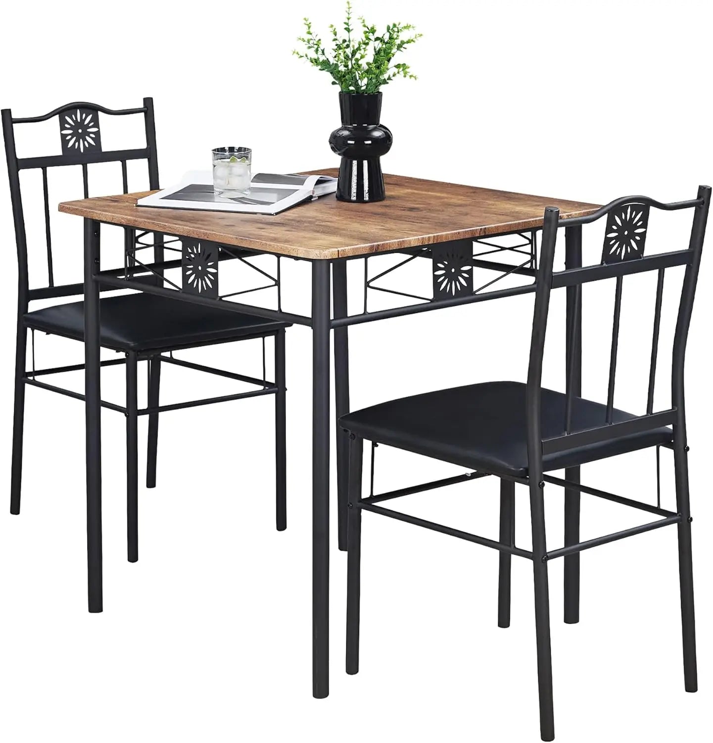 Compact 3-Piece Dining Table Set for Two with PU Chairs, Easy Assembly, Brown