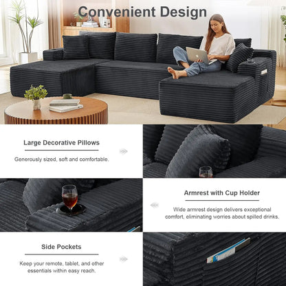 133.5" Boneless Sectional Couch with Cup Holder, U Shaped Sofa with Chaise, Oversized Modular Couch with Deep Seat, Comfy Cordur