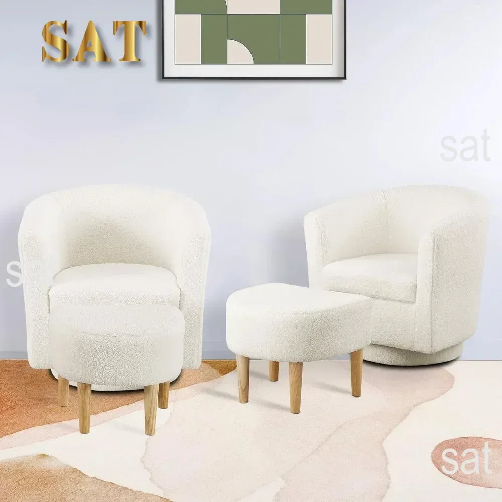 Chair Set of 2, Modern Swivel Chair with Ottoman, Comfy Armchair, Barrel Round Sofa Chair for Bedroom, Green