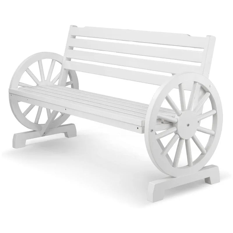 Country style wooden wheeled outdoor chair, patio bench with slat seating for 2 people, outdoor garden bench