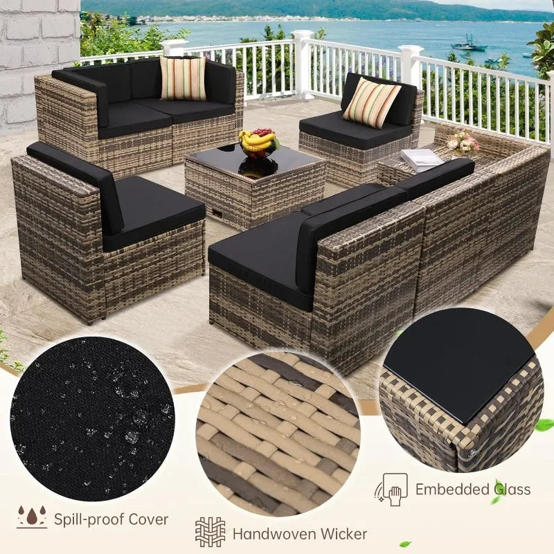 HOME-8 Piece Outdoor Wicker Patio Furniture Sectional Set, Glass Top Table With Hidden Storage, Includes 7 Seating Componentscam