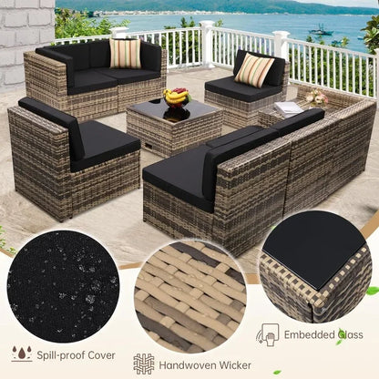 HOME-8 Piece Outdoor Wicker Patio Furniture Sectional Set, Glass Top Table With Hidden Storage, Includes 7 Seating Componentscam
