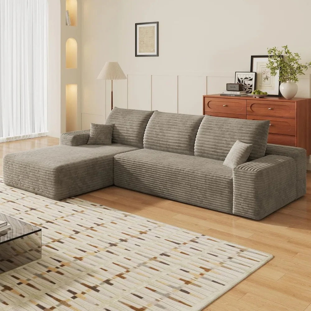 107" Boneless Couch with L Shaped Chaise, Plush Corduroy Sleeper Sectional Sofa, Deep Seat Comfy Couches for Living Room Bedroom