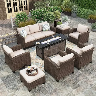 Garden Sofas, Furniture Set with Fire Pit Table, Outdoor Wicker Conversation Set, 3-Seat with 56