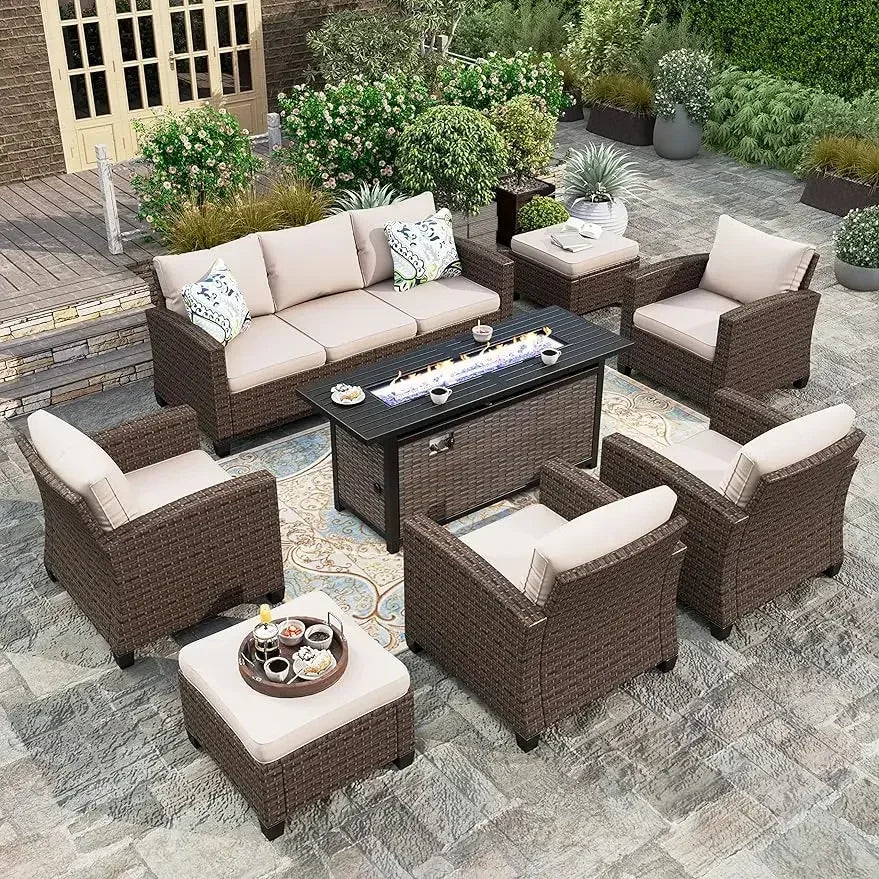 Garden Sofas, Furniture Set with Fire Pit Table, Outdoor Wicker Conversation Set, 3-Seat with 56" Fire Pit Table Garden Sofas