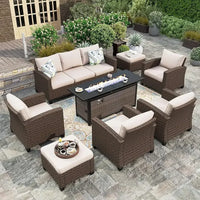 Garden Sofas, Furniture Set with Fire Pit Table, Outdoor Wicker Conversation Set, 3-Seat with 56" Fire Pit Table Garden Sofas