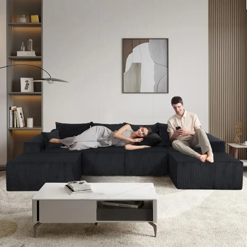 Modular U-Shaped Sectional Sofa in Black, Convertible Oversized Couch with Chaise Lounge, No Assembly Required, Soft Corduroy