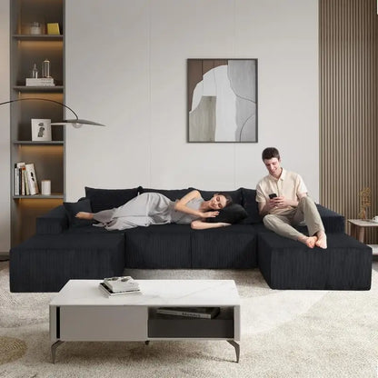 Modular U-Shaped Sectional Sofa in Black, Convertible Oversized Couch with Chaise Lounge, No Assembly Required, Soft Corduroy