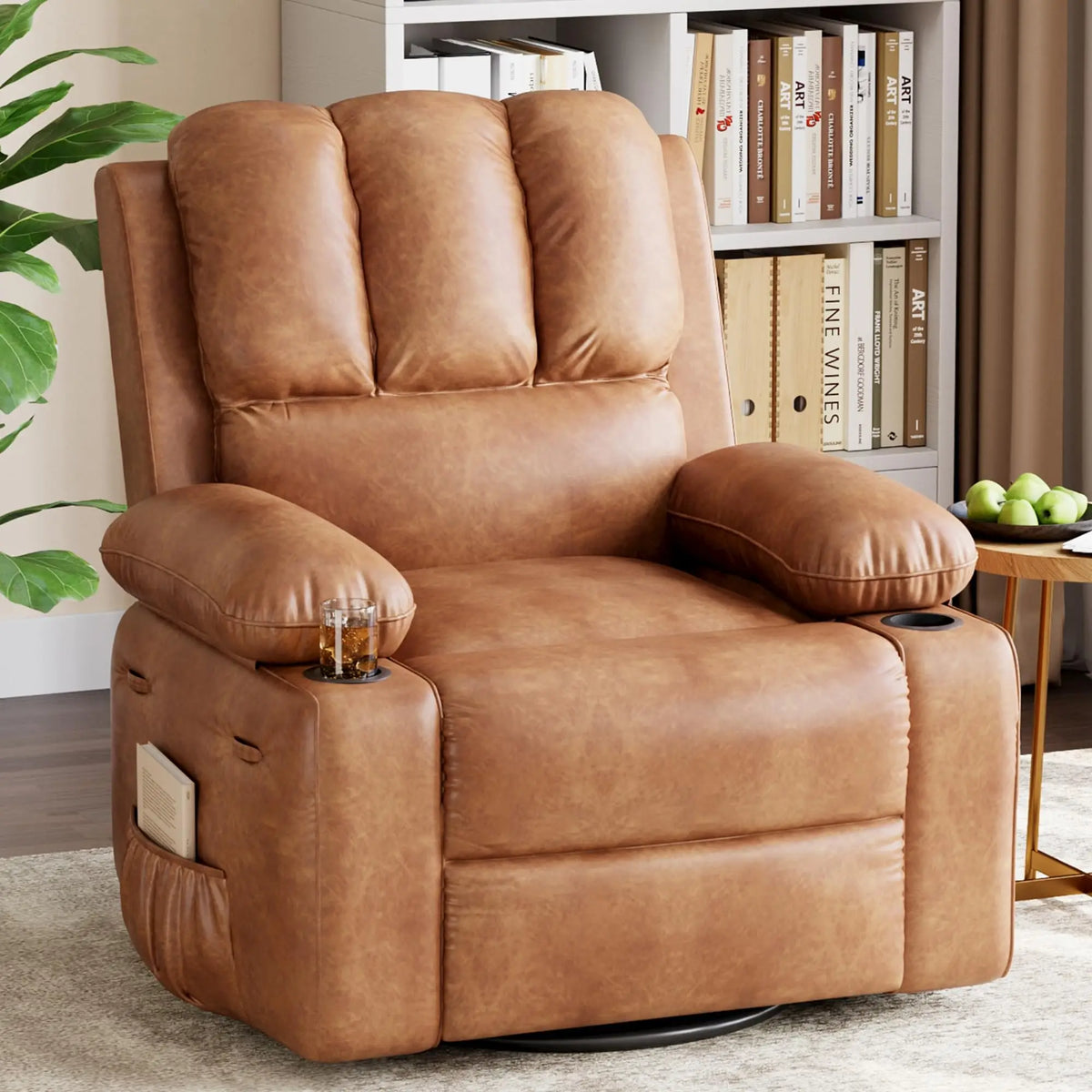 Oversized Recliner Chair With Massage and Heat Function, Adults Leather Single Sofa With Cup Holder For Living Room, Bedroom
