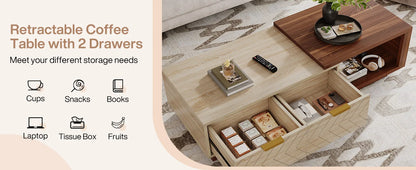 Tribesigns Extendable Coffee Table, 42"-65" Length Adjustable Reversible Wood Coffee Table with 2 Storage Drawers