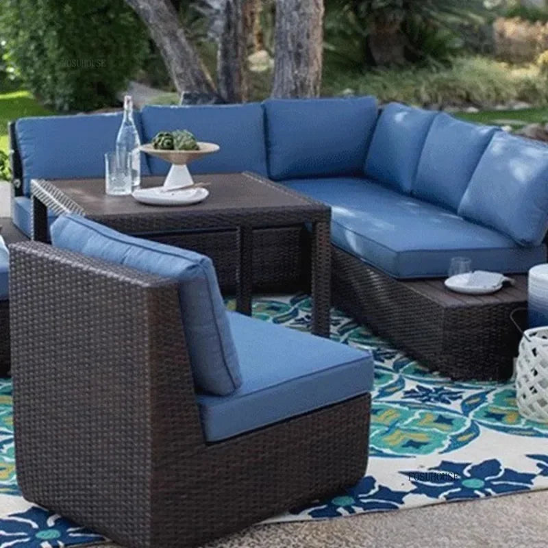 American Modern Courtyard Furniture Leisure Rattan Sofa Chairs Outdoor Country Corner Garden Sofas Patio Furniture Set a