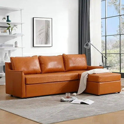 L-Shaped Faux Leather Sectional Sofa with Reversible Chaise, 80.7 Inches Long, Comfortable Mid-Century Modern Living Room Furnit
