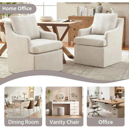 DAFIFY Kitchen Chairs Set of 2, Modern Dining Chairs with 4 Casters, Linen Armchair for Bedroom, Reading, Living Room, Beige