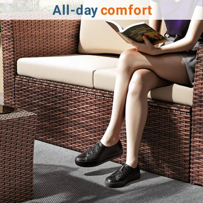 Outdoor Patio Furniture Set，4-Piece Wicker Conversation Set with Brown Rattan Sofa and Cushions for Deck or Porch