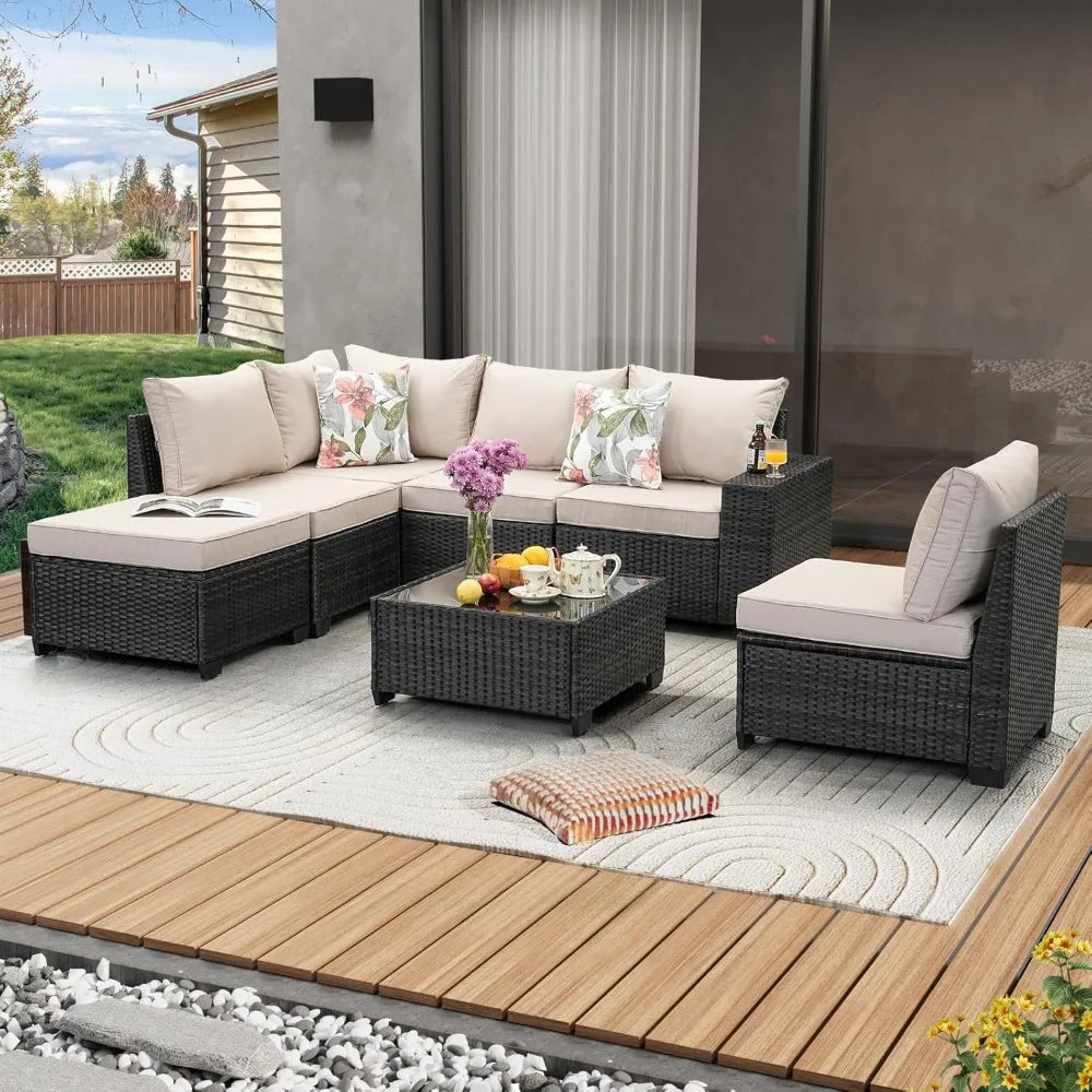 7 Pieces Patio Furniture Set All-Weather Outdoor Wicker Sectional Conversation Sofa Rattan Patio Seating Sofa with Cushion