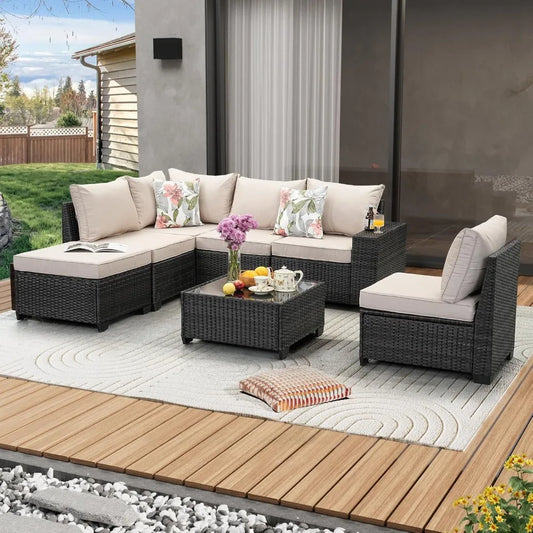 7 Pieces Patio Furniture Set All-Weather Outdoor Wicker Sectional Conversation Sofa Rattan Patio Seating Sofa with Cushion