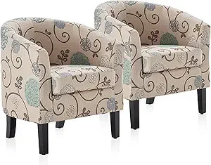 Living Room Chairs Set of 2, Faux Leather Round Accent Barrel Chairs, Club Tub Sofa Chairs for Bedroom, Corner Chairs with Flar