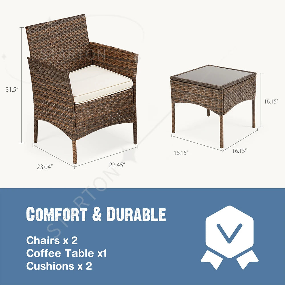 Best-Selling Outdoor Patio Furniture Set 3 Pieces with Soft Cushion and Glass Table Manual Weaving Wicker Rattan Patio Chairs