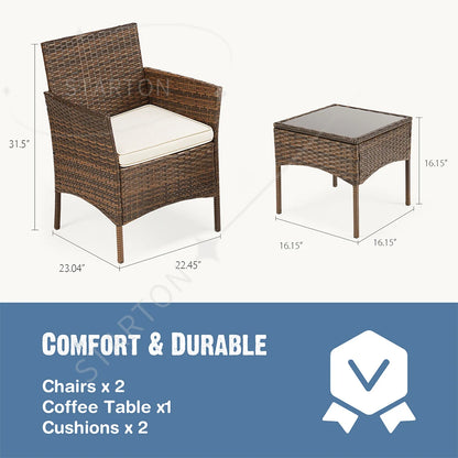 Best-Selling Outdoor Patio Furniture Set 3 Pieces with Soft Cushion and Glass Table Manual Weaving Wicker Rattan Patio Chairs
