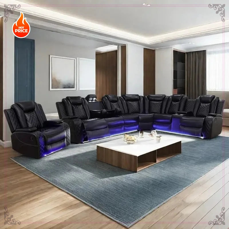 Power Recliner Sofa Sectional Sofa with LED Light for Living Room, Air Leather Reclining Corner Sectional Sofa Set