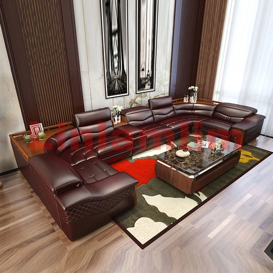 Luxury U-Shaped Genuine Leather Sofa Set with Recliner, Modern Sectional Couch with Storage and Cup Holders for Living Room