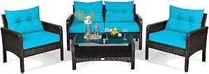 outdoor wicker patio furniture set: 4-piece conversation sectional sofa with coffee table and cushions