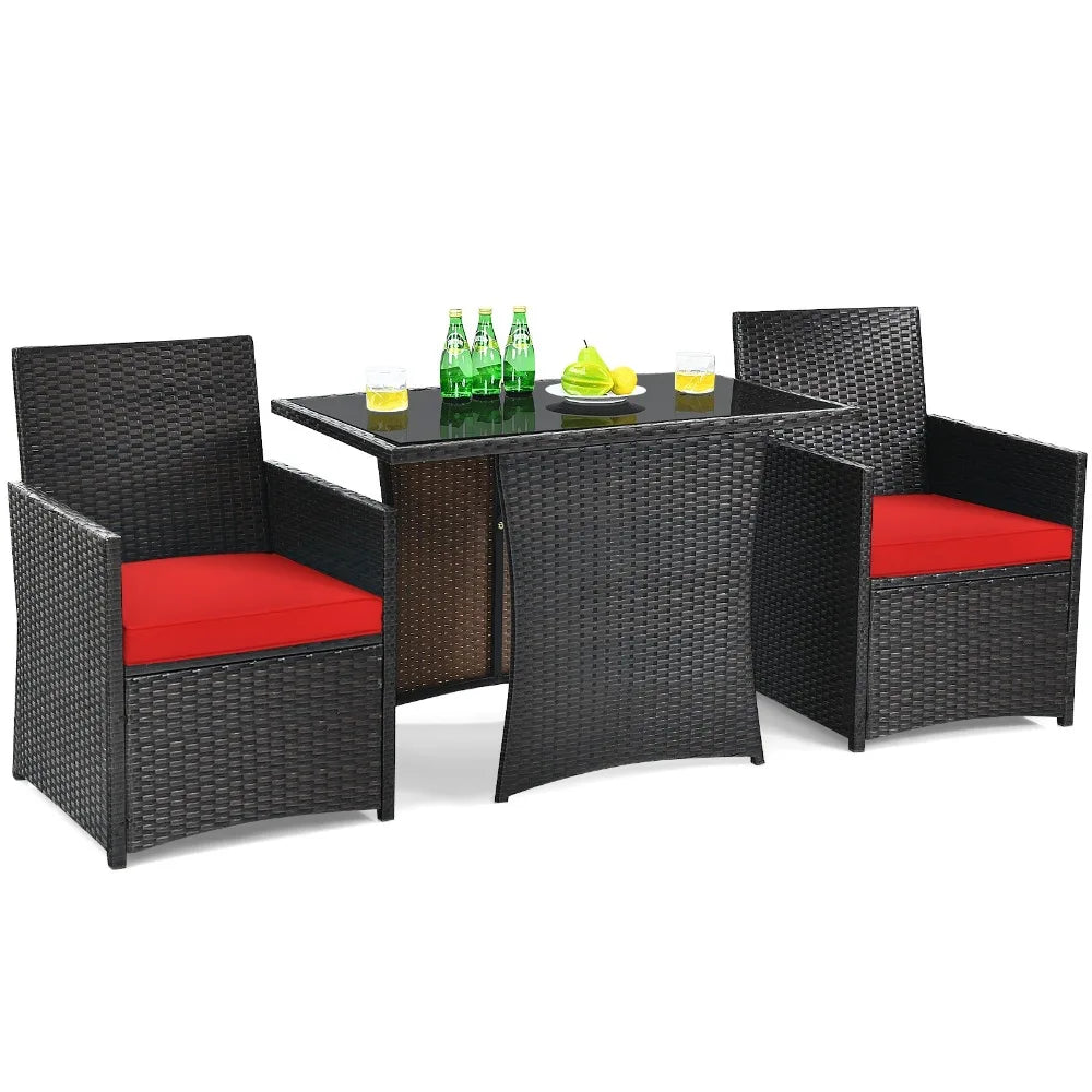 Patio 3PCS Rattan Furniture Set Cushion Sofa Armrest Garden Deck Red