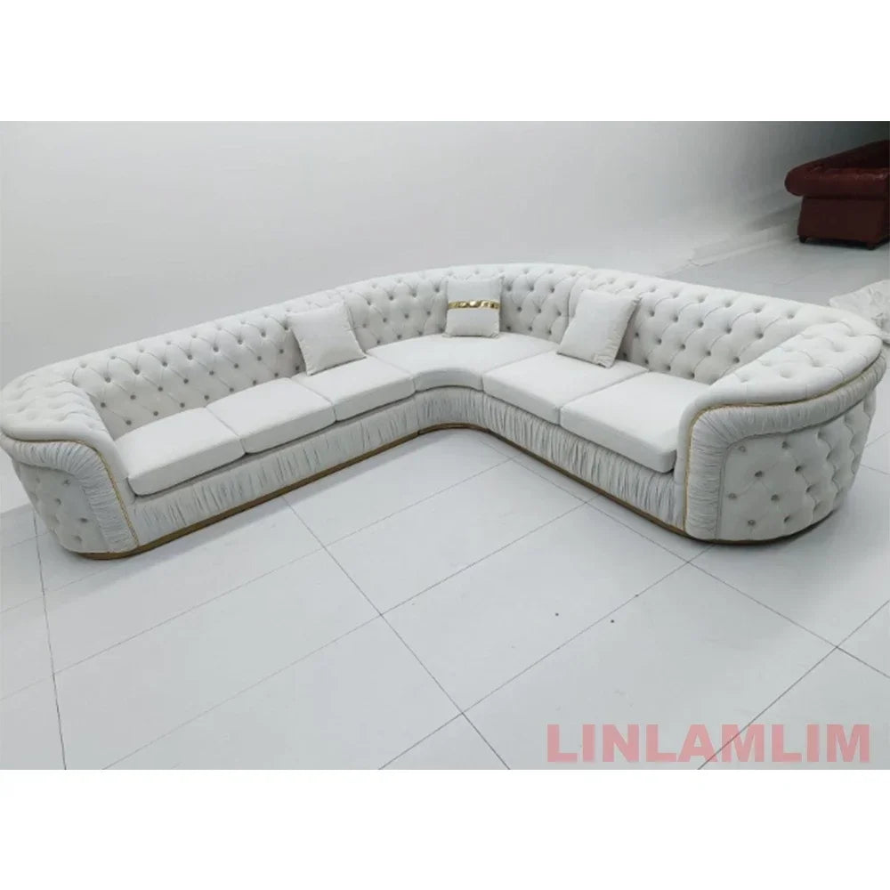 Luxury Chesterfield Sectional Sofa Set With Cloth Buttons And Fabric Modular Couch With Gold Stainless Steel Base, 3-seater