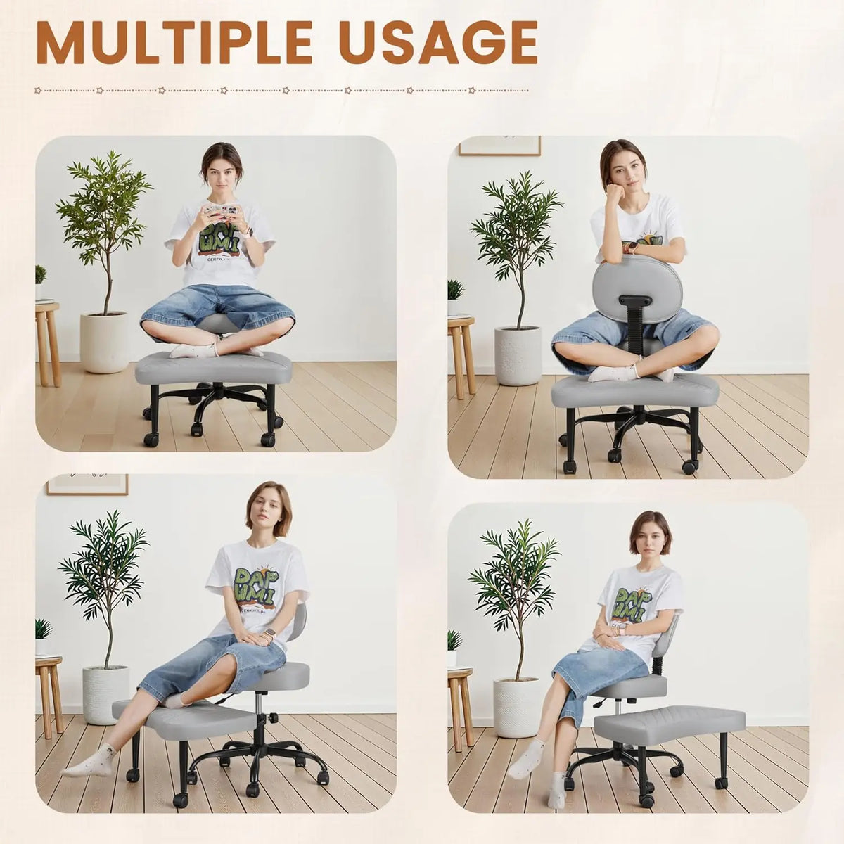 Cross Leg Chair - Meditation Chair with Wheels, ADHD Chair, Height Adjustable Seat, Adjustable Footstool