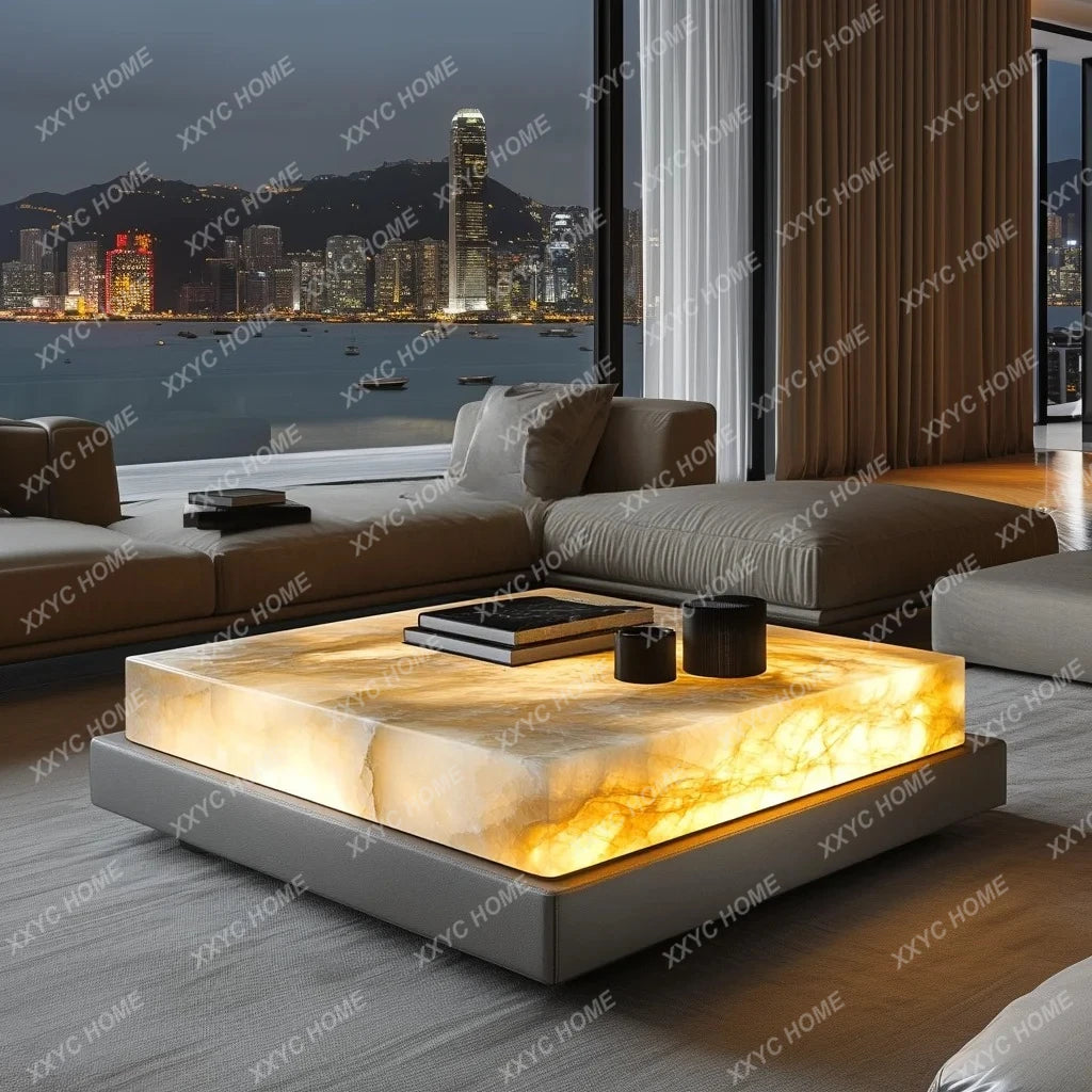 Square luxury stone leather luminous jade coffee table large flat-floor villa living room modern marble