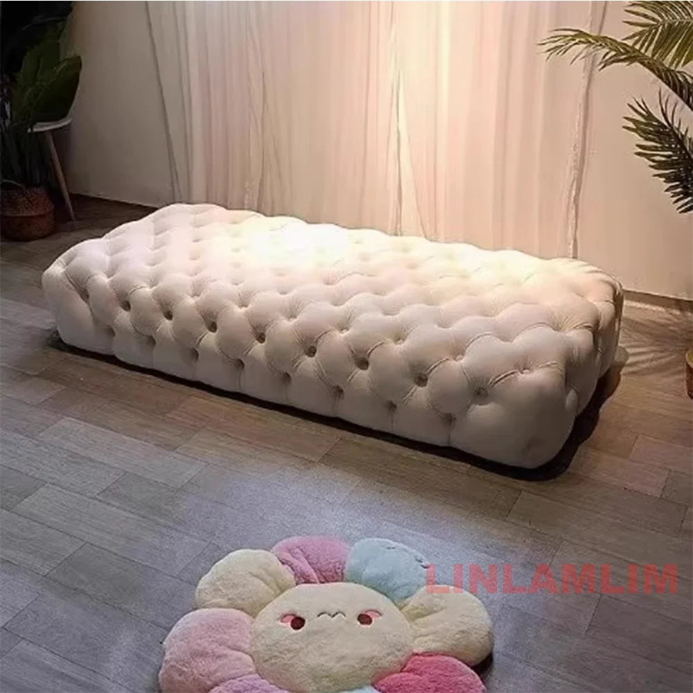 Luxury Chesterfield Sectional Sofa Set With Cloth Buttons And Fabric Modular Couch With Gold Stainless Steel Base, 3-seater