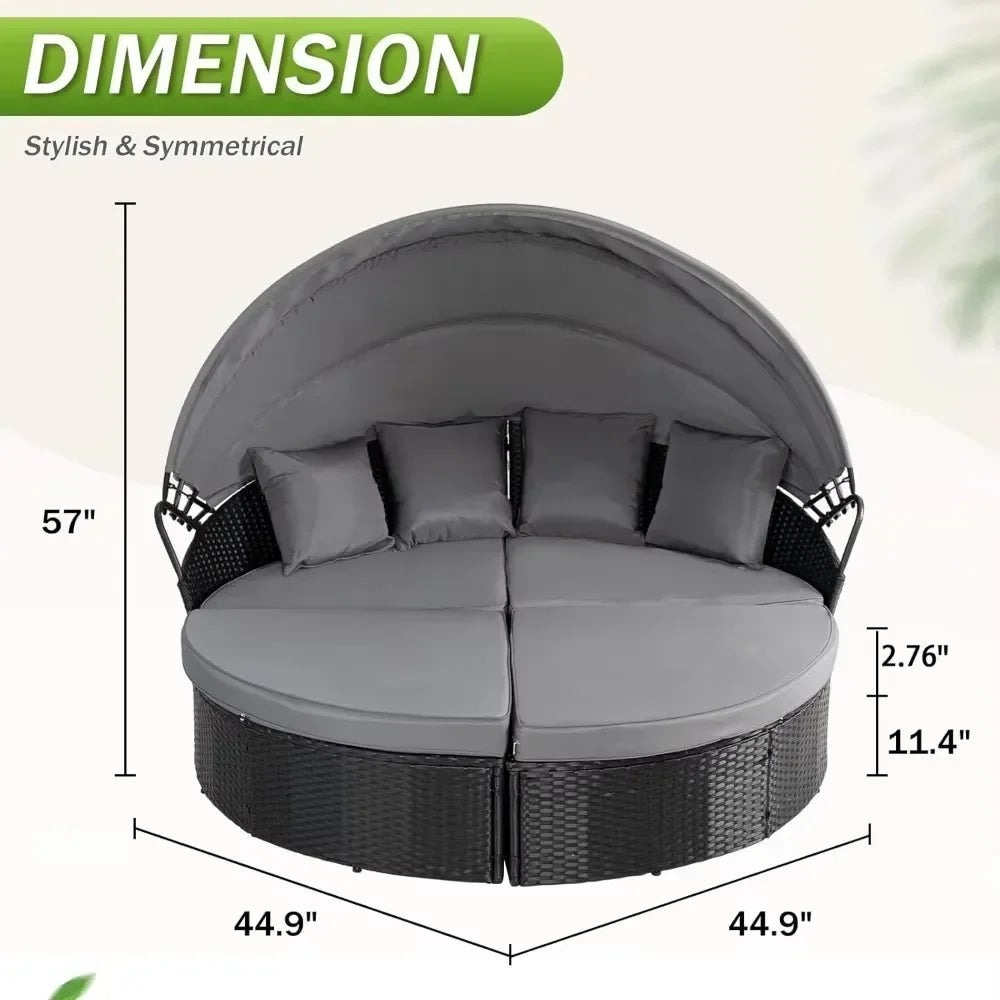 Nordic luxury Leisure Round Daybed with Retractable Canopy,Outdoor Furniture with Washable Cushions, Clamshell Sectional Seating