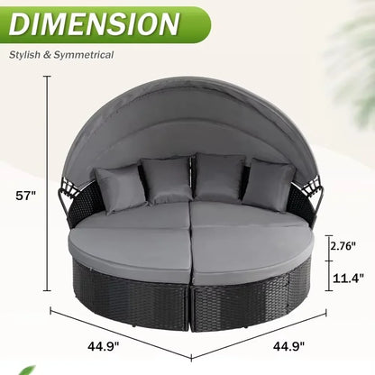 Nordic luxury Leisure Round Daybed with Retractable Canopy,Outdoor Furniture with Washable Cushions, Clamshell Sectional Seating